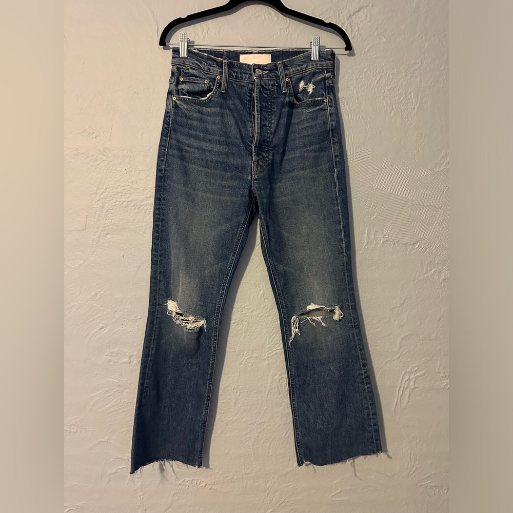 Mother Superior Blue Crop Jeans with Knee Rips & Frayed Bottom